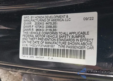 2022 Honda Accord Sport z USA, uszkodzony, nr VIN 1HGCV1F37NA081667